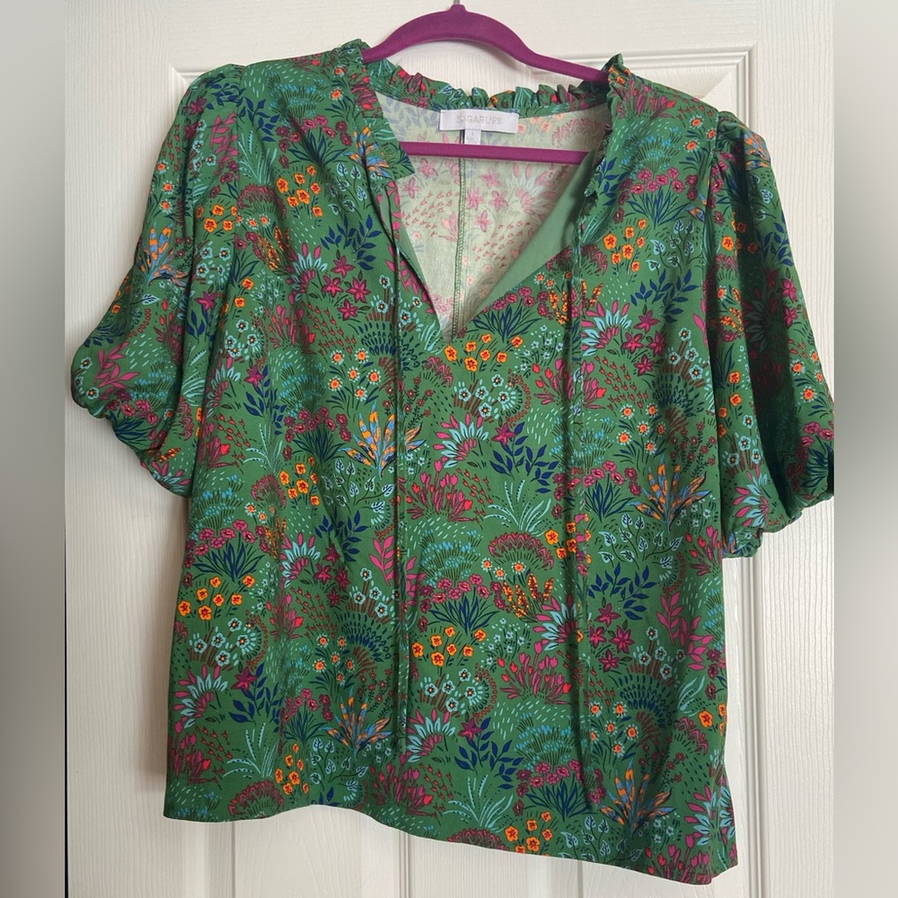 Sugerlips blouse - size Large, green floral pattern